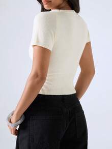 LYSMO Damen einfarbiges Strick-Top mit Cut Out Front, Bindung und Raglan-Kurzarm - Weiss - Übersicht 2