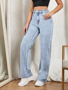 SHEIN EZwear 高腰直筒牛仔褲 - 淺色水洗藍 - 查看 5