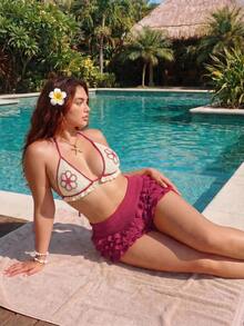 ROMWE Plus Size Spring Cute Floral Triangle Cup Swimsuit With Knit Beach Cover-Up Top And Mini Shorts Set - Hot Pink - View 6