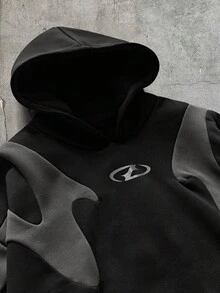 AXEPEAK 男士秋冬休閒拼接撞色連帽衛衣 - 黑色 - 查看 3