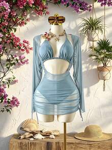 Swim SXY Plus Size 3pcs Floral Accent Solid Color Sexy Women Swimwear Set - Blue - View 5