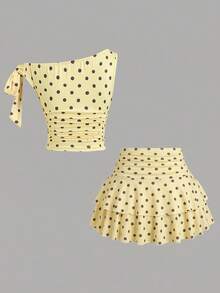 Sweetra Women's Summer Brown Metallic Floral One Shoulder Cami Top & Pleated Layered Mini Skirt - Light Yellow - View 2