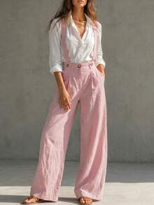 Solivie Women's Textured Sweet Button Pocket Pleated Suspender Pants Fashion - Pink - View 6