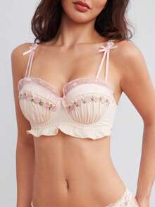 SHEIN 1pc 3D Pink Rose Embroidered Ruched Satin Ruffle Gathered Bra - Apricot - View 3