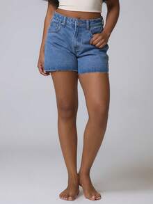 Musera Petite Petite Raw Hem Low Waist Classic Denim Shorts Basics Autumn  Fall Cute Streetwear Going Out Casual Core Denim Spring Summer - Medium Wash - View 3