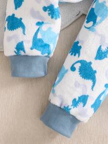 2pcs/Set Boys Dinosaur Embroidered Warm Soft Skin-Friendly Fleece Long Sleeve Long Pants Pajamas Lounge Wear Set - Dusty Blue - View 6