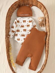 SHEIN Newborn Baby Boy's Brown Bear Long-Sleeve Romper Set Includes Bear-Embroidered Romper And Hat Autumn Fall Photoshoot Family Matching Cute - Brown - View 4