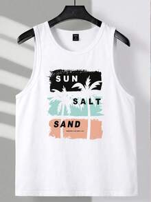 VIVINTIMO Camiseta sin mangas casual de vacaciones para hombre con estampado de árbol de coco - Blanco - Ver 2