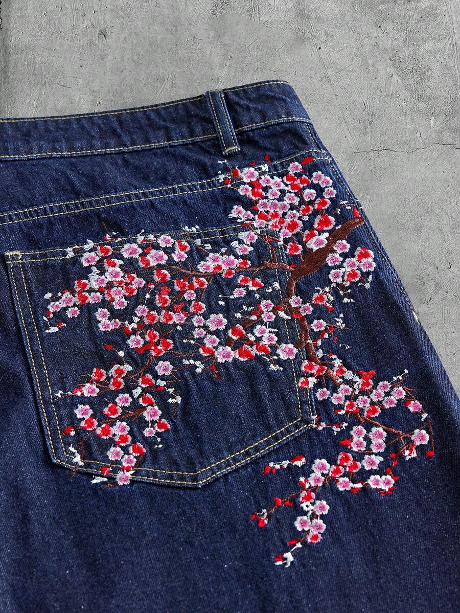 AXEPEAK Men's Embroidered Dark Blue Long Pants Date Night Holiday Office Vacation Work Construction Summer Flower Power Street - Blue - View 1