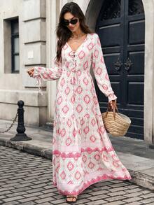 SHEIN Floral Print Knot Front Flounce Sleeve Ruffle Hem Maxi Dress For New Year Clothes - Pink - View 5
