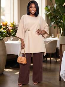 Poshavie Poshavie Plus-Size Women's Loose-Fitting Long-Sleeved Top, Simple And Elegant, Suitable For Everyday Commutin Fall - Khaki - View 4