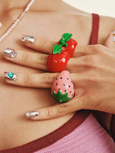 Popjeli Summer Sweetheart Serisi | Çift Kiraz ve Çilekli Üç Boyutlu Reçine Yüzük, Tatlı Cool Kız Aksesuarı, Tatlı Üç Boyutlu Meyve Yüzüğü