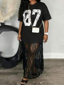 Slaydiva Große Größen Sommer Mode Digitaldruck T-Shirt & Spitzenrock 2 Stücke Set - Schwarz - Übersicht 6
