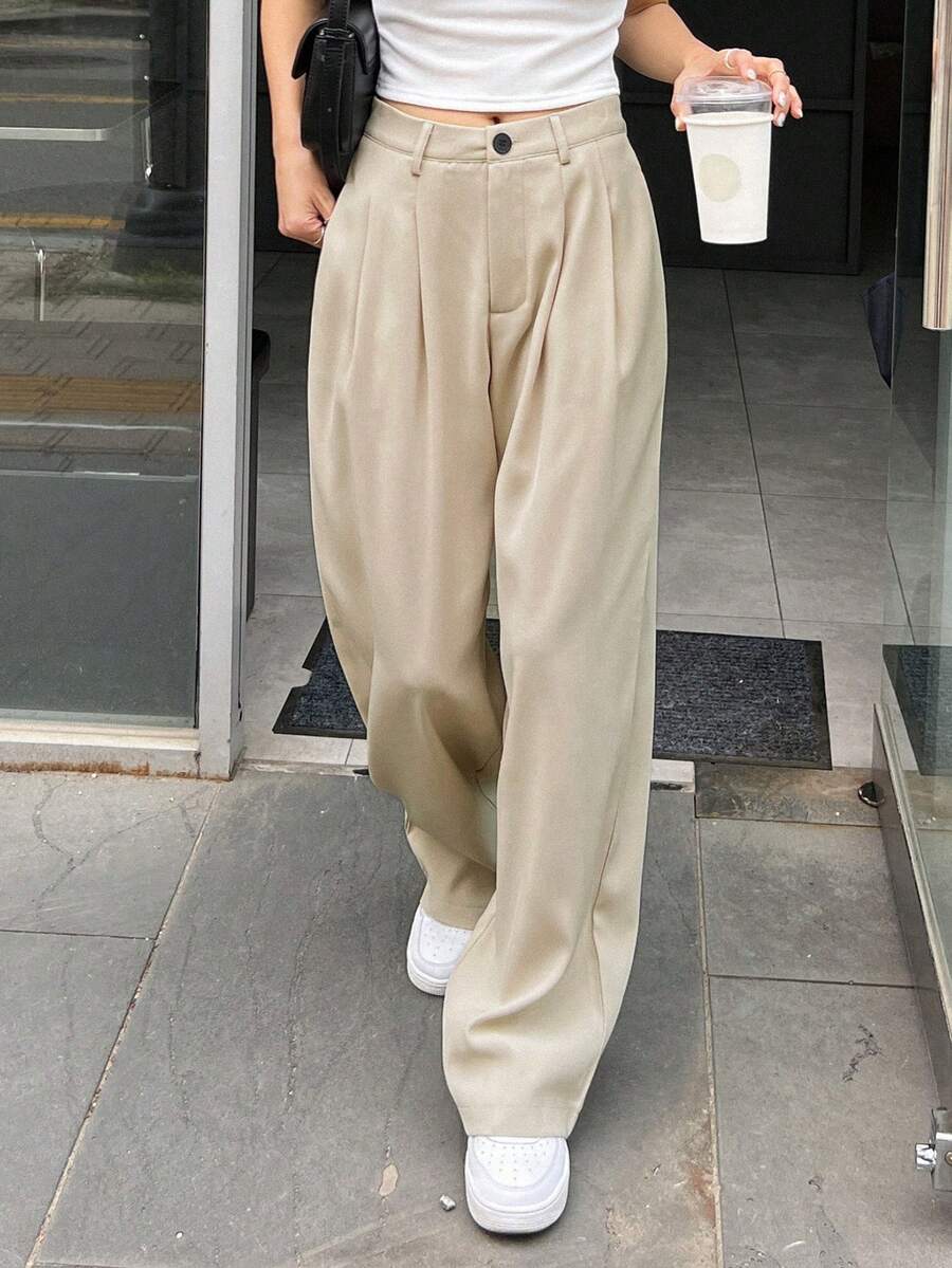 DAZY 女士纯色褶皱直筒休闲商务裤女式正装裤秋季 - 米色 - 查看 1