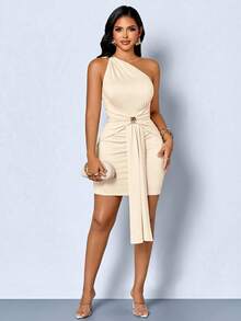 SOLERSUN Women's Summer Casual Vacation Elegant One Shoulder Sleeveless Ruched Flowy Mini Dress Y2K Short Dress Suitable For Beach Night Out Cruise Peach - Apricot - View 4