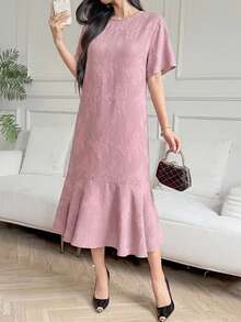 DAZY Spring Summer Round Neck Short Sleeve Pink Jacquard Floral Pattern Loose Fit Mid-Length Dress For Women - Pink - View 6