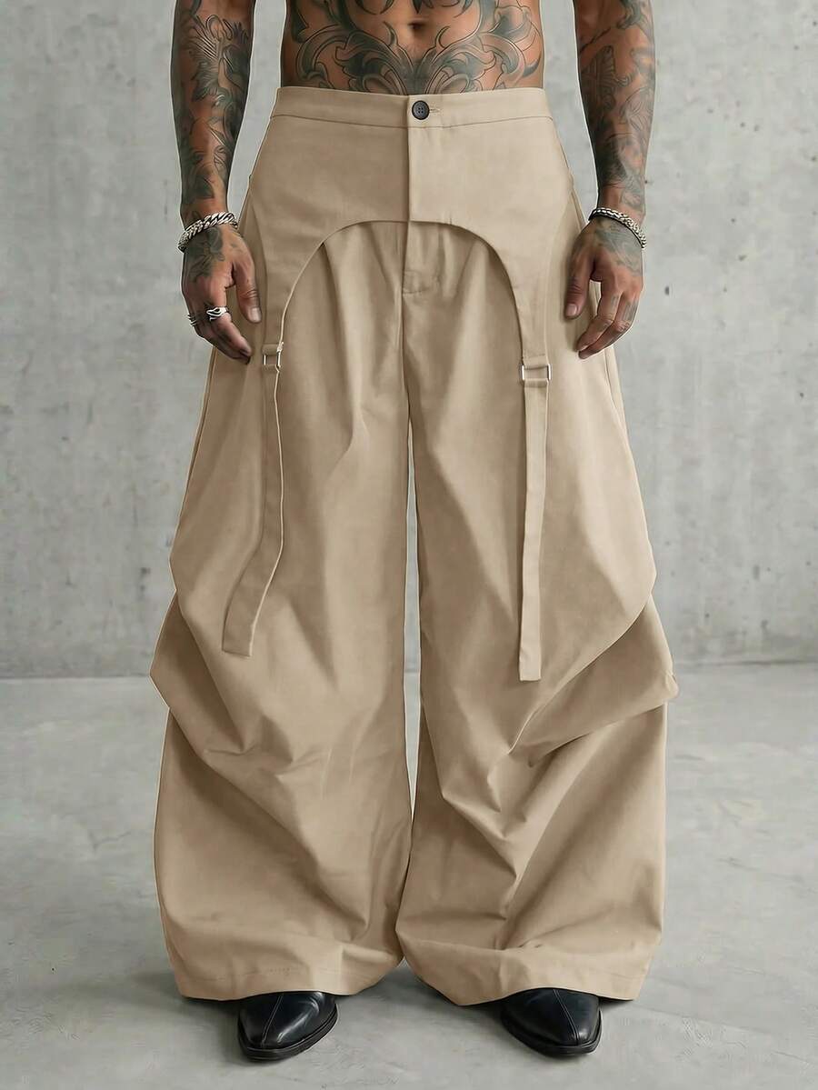 AXEPEAK Men's Fashion Solid Color Wide Leg Pants - Khaki - View 1