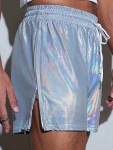 FeverCity Men's Drawstring Waist Laser Side Zipper Design Shorts - Silver - View 4