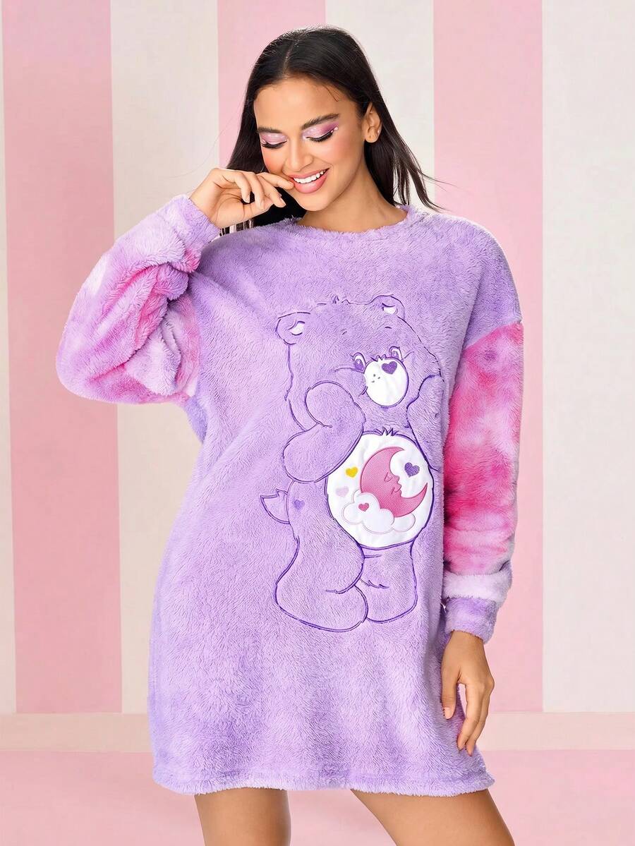 SHEIN X Care Bears 女式熊刺绣圆领长袖冬季睡袍,秋季 - 紫色 - 查看 1