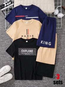 SHEIN 6件組買3送3兒童青少年男孩休閒寬鬆字母圖案圓領T恤短褲套裝，黑色T恤套裝、藍色T恤套裝、卡其色T恤套裝，男孩套裝，適合春/夏、情人節、約會、夏季穿搭、家庭聚會、開學季、婚禮季、運動、生日派對 - 彩色 - 查看 3