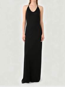INAWLY Solva Vestido sexy de unicolor con cuello halter y espalda descubierta para citas y fiestas para mujer - Negro - Ver 2