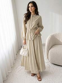 Solavon Women's Elegant Commute Solid Color Shirt & Skirt 2 Pieces Set - Apricot - View 4