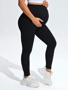 SHEIN Maternity Solid Color Casual Versatile Daily Wear Sports Long Pants - Black - View 8