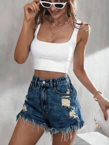 SHEIN ICON 女款高腰口袋磨損毛邊休閒牛仔短褲 - 深色水洗藍 - 查看 4