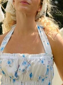 WESTFADE Floral Lace Tiered Ruffle Sleeveless Halter Neck Romper Vacation Holiday Summer Casual Elegant Cottagecore Romantic Fairycore Picnic White Floral - Multicolor - View 5
