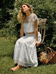 WESTFADE Drawstring Waist Tiered Ruffle Lace Midi Skirt, Back To School, Country Concert Outfit, Festival, Casual, Western, Vacation - White - View 1