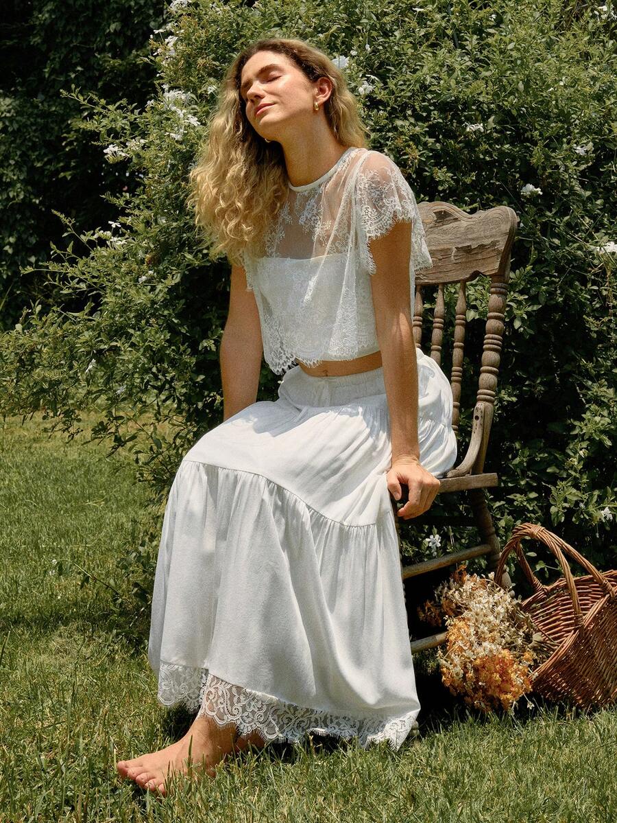 WESTFADE Drawstring Waist Tiered Ruffle Lace Midi Skirt, Back To School, Country Concert Outfit, Festival, Casual, Western, Vacation - White - View 1