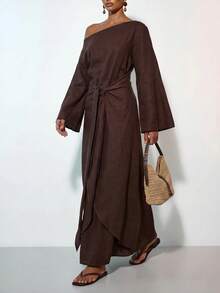 Zivah Women's Solid Color One Shoulder Waist Knot Casual Elegant Party Dinner Vacation Travel Long Dress Brown Autumn - Brown - View 8