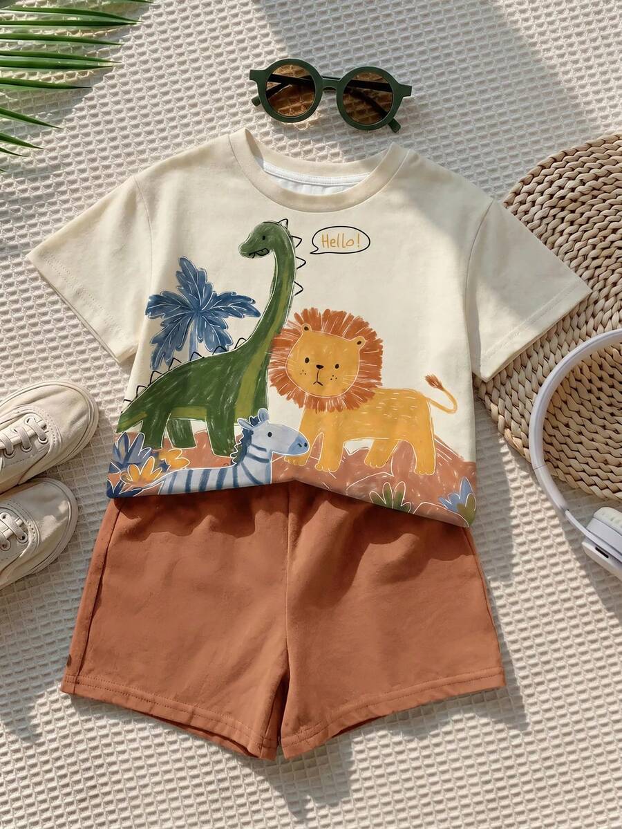 SHEIN LMoss Kids 男嬰休閒簡約上衣,適合春夏,經典可愛卡通蠟筆手繪獅子動物印花 - 彩色 - 查看 1