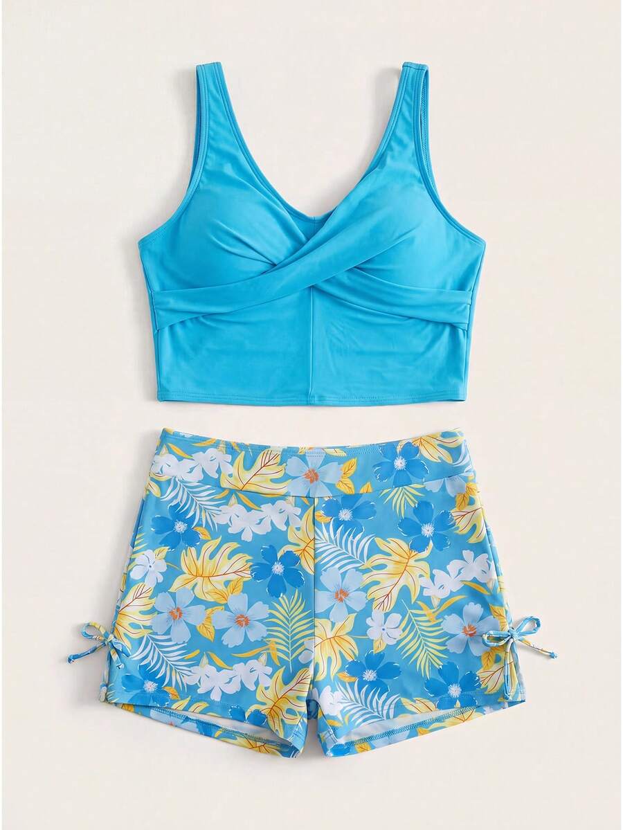 SHEIN Baju Renang Bikini Liburan Musim Panas untuk Remaja Putri, Setelan Dua Potong Motif Bunga Biru Silang Belakang, Pakaian Cepat Kering untuk Bermain di Pantai dan Kolam Renang - MultiWarna - View 1