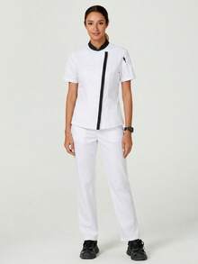 TaskEZ Women's Colorblock Casual Daily Chef Scrub Uniform Scrub Short Sleeve Top - Black and White - View 3