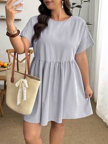 Enliva Plus Size Women's Spring/Summer Fashion Casual Soft Form Loose Comfortable Fresh Daily Versatile Slimming Navy Blue Short Sleeve Shirt Dress Vacation - Grey - View 6