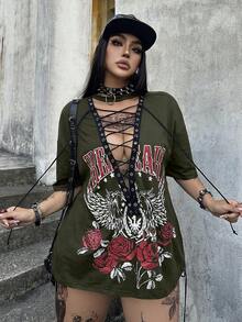Whyspr 暗黑龐克風復古黑色摩托車搖滾圖案前綁帶女款T恤 - 軍綠色 - 查看 6