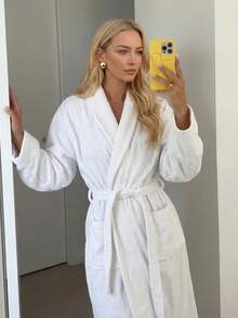 Bathrobe Soft Touch Contain Cotton Bathrobe For Women & Men - Made In Turkey, Lightweight, Absorbent, Comfortable Bath Robe - White - View 5