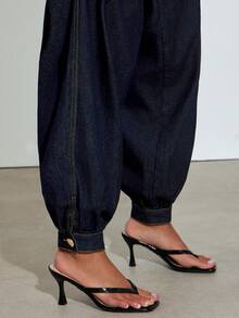 Hauture Pantalones largos de mezclilla con puños abullonados plisados, estilo sexy y casual para mujer - Azul - Ver 2