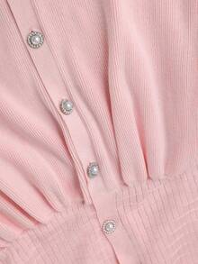 Momance Maternity Fitted Cardigan Sweater With Beaded Rhinestone Collar, Doll Hem Design, Round Neck Knit Short Sleeve For Casual, Elegant Baby Shower   Fall - Pink - View 7