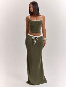 SHEIN BAE 2pcs Women's Casual Active Streetwear Vacation Colorblock Top And Long Mermaid Skirt Set, Suitable For Beach Brunch, Green And White, Summer - Army Green - View 5
