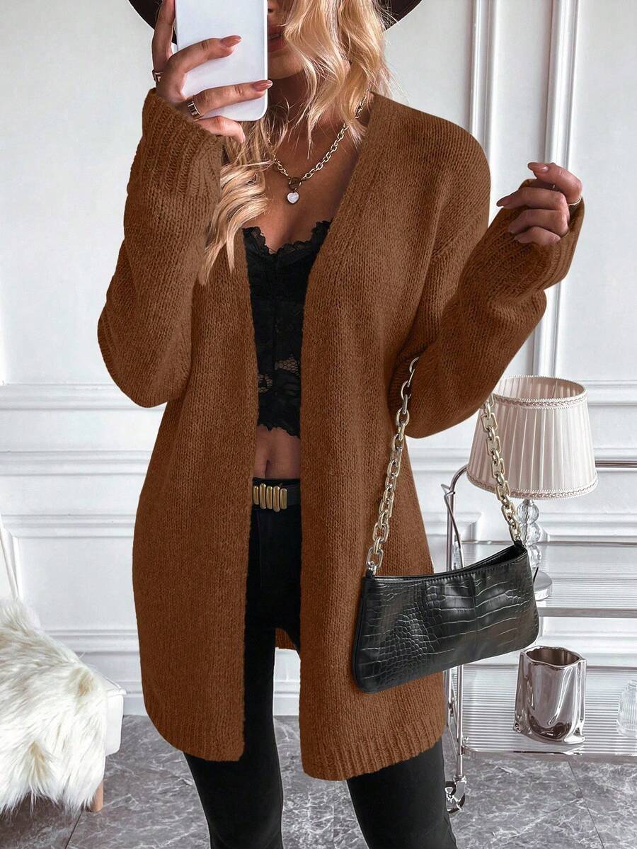 SHEIN Women's Brown V-Neck Minimalist Fashion Versatile Textured Knit Cardigan - Rust Brown - View 1