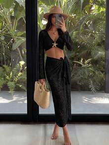 Bonvoyette 2026 New Women's Long Sleeve Two-Piece Cover Up Beach Bikini Cover-Up Sun Protection - Black - View 3