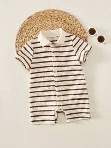 SHEIN Unisex Newborn Baby Boy/Girl Spring/Summer Casual Cute Striped Short Sleeve Romper, Baby Boy Outfit Sets, Baby Boy Summer Clothes, Baby Rompers - Multicolor - View 3