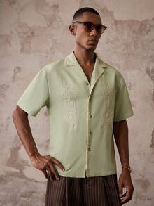 Vientiro Men Summer Retro Coconut Embroidery Floral Pattern Short Sleeve Shirt - Mint Green - View 5