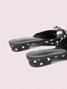 CUCCOO DOLLMOD Women's Shoes, Black And White Polka Dot Bow Decorative Square Toe Flat Sandals, Casual Satin Open-Toed Slippers, Suitable For Daily Wear - Black - View 5