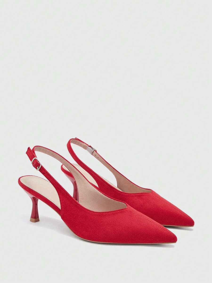 CUCCOO BIZCHIC Women's Red Pointed Suede Simple Commuter Fashion Wear Stiletto Back Strap High Heel Shoes - Red suede - View 1