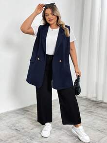 SHEIN CURVE+ 大尺碼翻領雙排扣背心西裝外套 工作服 畢業返校穿搭 - 藏蓝色 - 查看 1