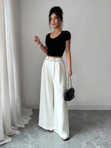 SHEIN Elenzya Celana Setelan Wanita Elegan Terbaru, Kasual, Desain Pinggang Tinggi, Resleting Samping, Pola Kancing Dekoratif, Kaki Melebar, Cocok untuk Dipakai di Musim Semi dan Gugur. Warna Solid Blok, Rantai Logam, Mode Minimalis untuk Berpergian ke Kantor - Aprikot - View 5