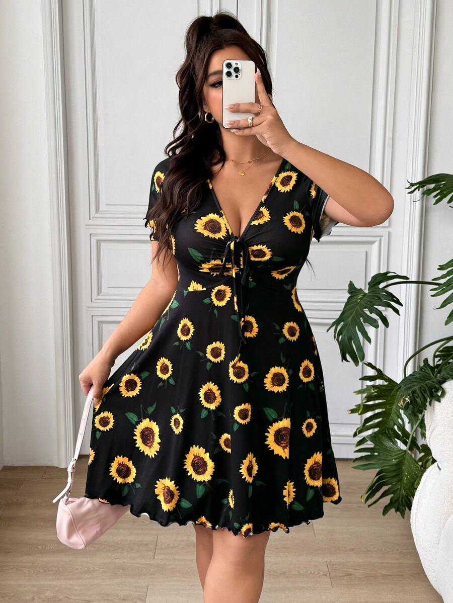 SHEIN EZwear 大尺碼夏季休閒向日葵印花洋裝 - 彩色 - 查看 1